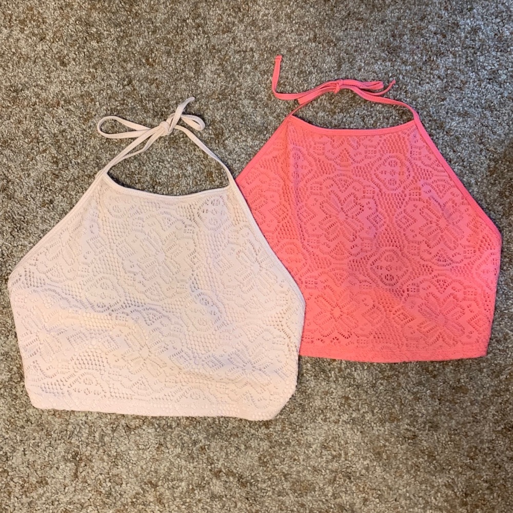 Aeropostale Peach & Tan Lace Haltered Crop Tops L